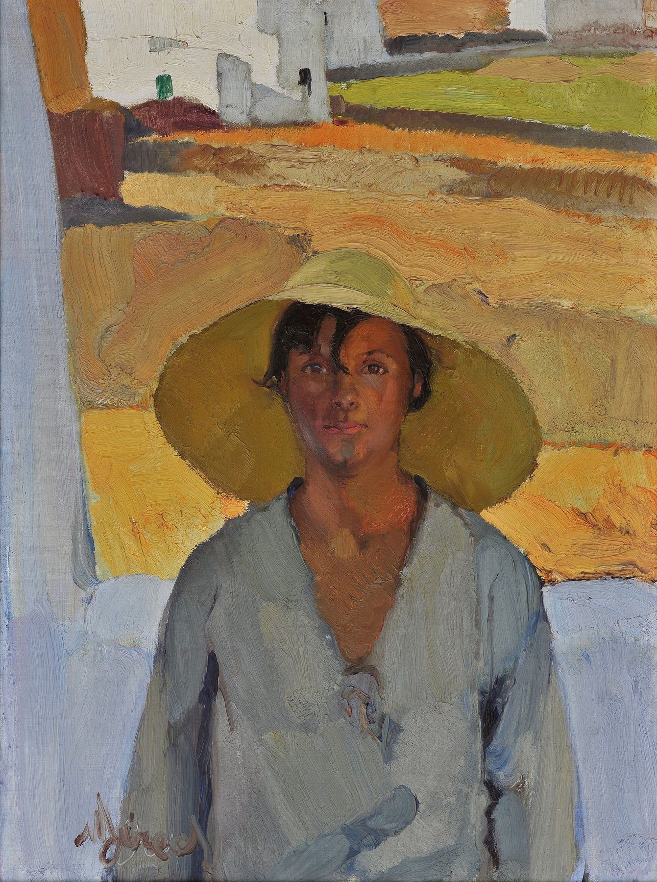 Oil painting of a woman in a wide straw hat in front of golden fields
