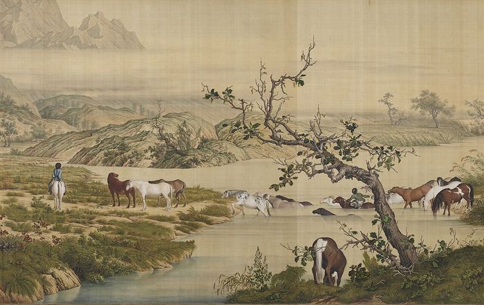 Chinese painting of horses grazing and running beside a willow tree