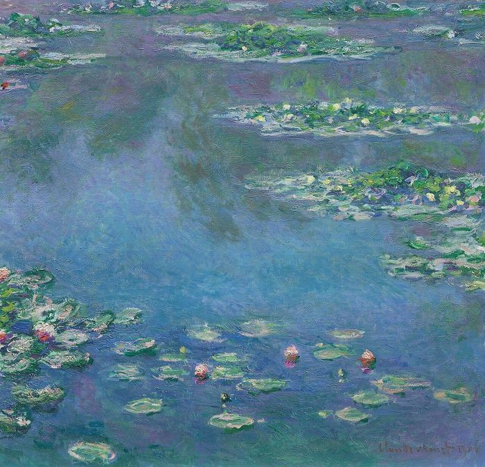Impressionist oil painting of water lilies on a blue pond