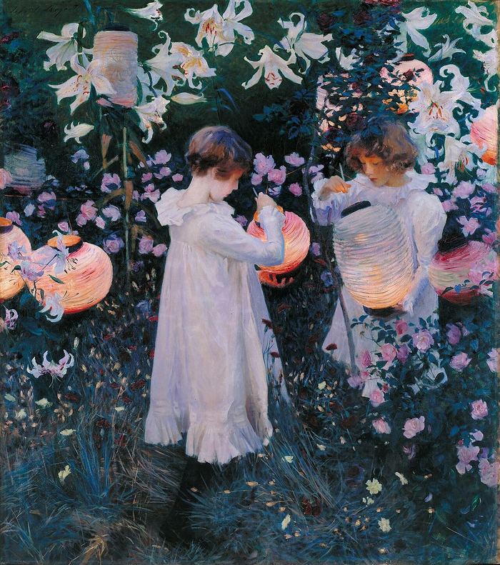 Oil painting of two girls lighting paper lanterns among lilies and roses