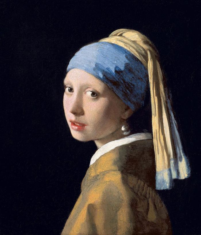Oil portrait of a girl in a blue and gold turban wearing a pearl earring