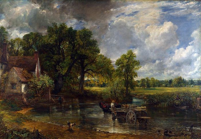 Oil painting of a countryside river with a cart, cottage and trees