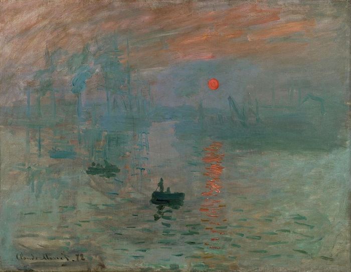 Impressionist harbour scene with an orange sun rising over the water