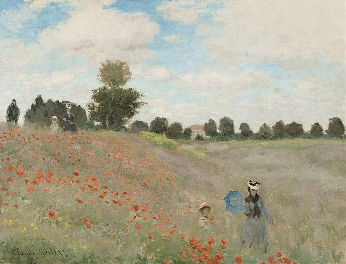 Oil painting of a summer meadow full of red poppies