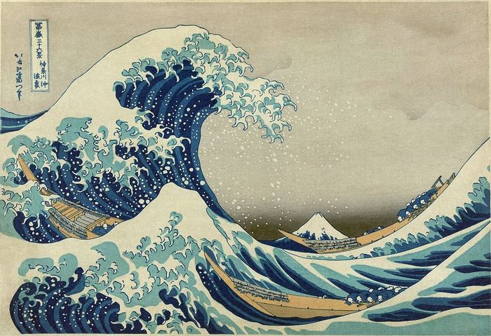 Japanese woodblock print of a great wave with Mount Fuji behind